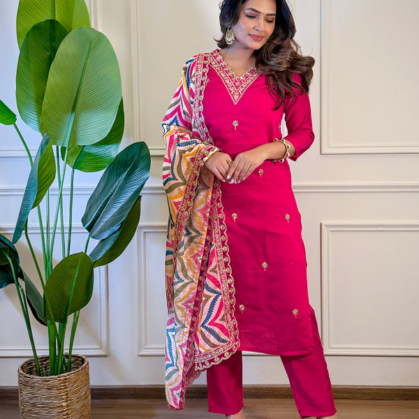 The52 Women's Gorgeous Viscose Embroidery Straight Kurta with Pant And Dupatta Set
