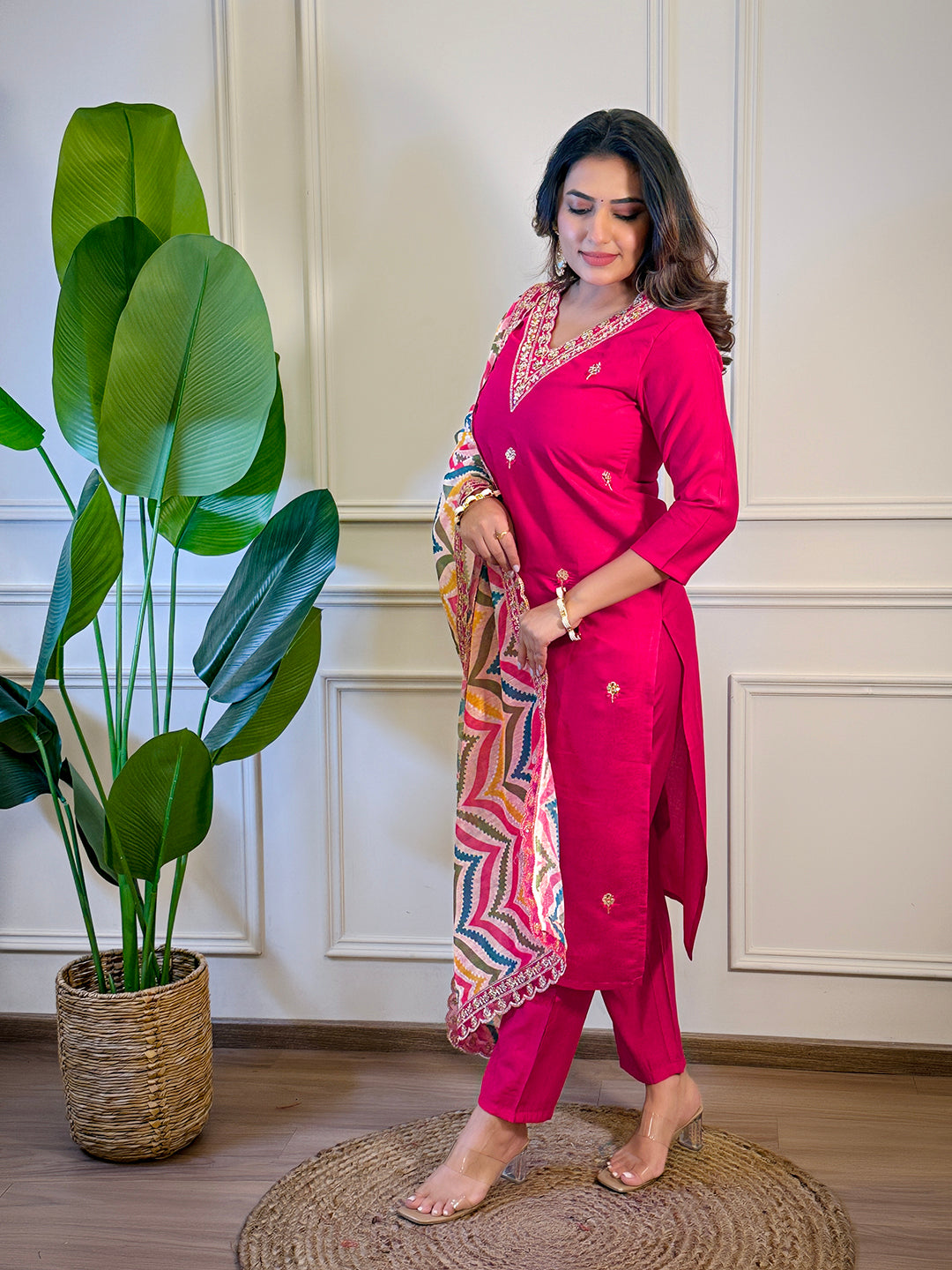 The52 Women's Gorgeous Viscose Embroidery Straight Kurta with Pant And Dupatta Set