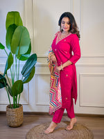 Thumbnail for The52 Women's Gorgeous Viscose Embroidery Straight Kurta with Pant And Dupatta Set