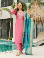 Thumbnail for The52 Women Gorgeous Embroidery Work with Viscose Silk Fabric Straight Kurta, Pant and Dupatta Set