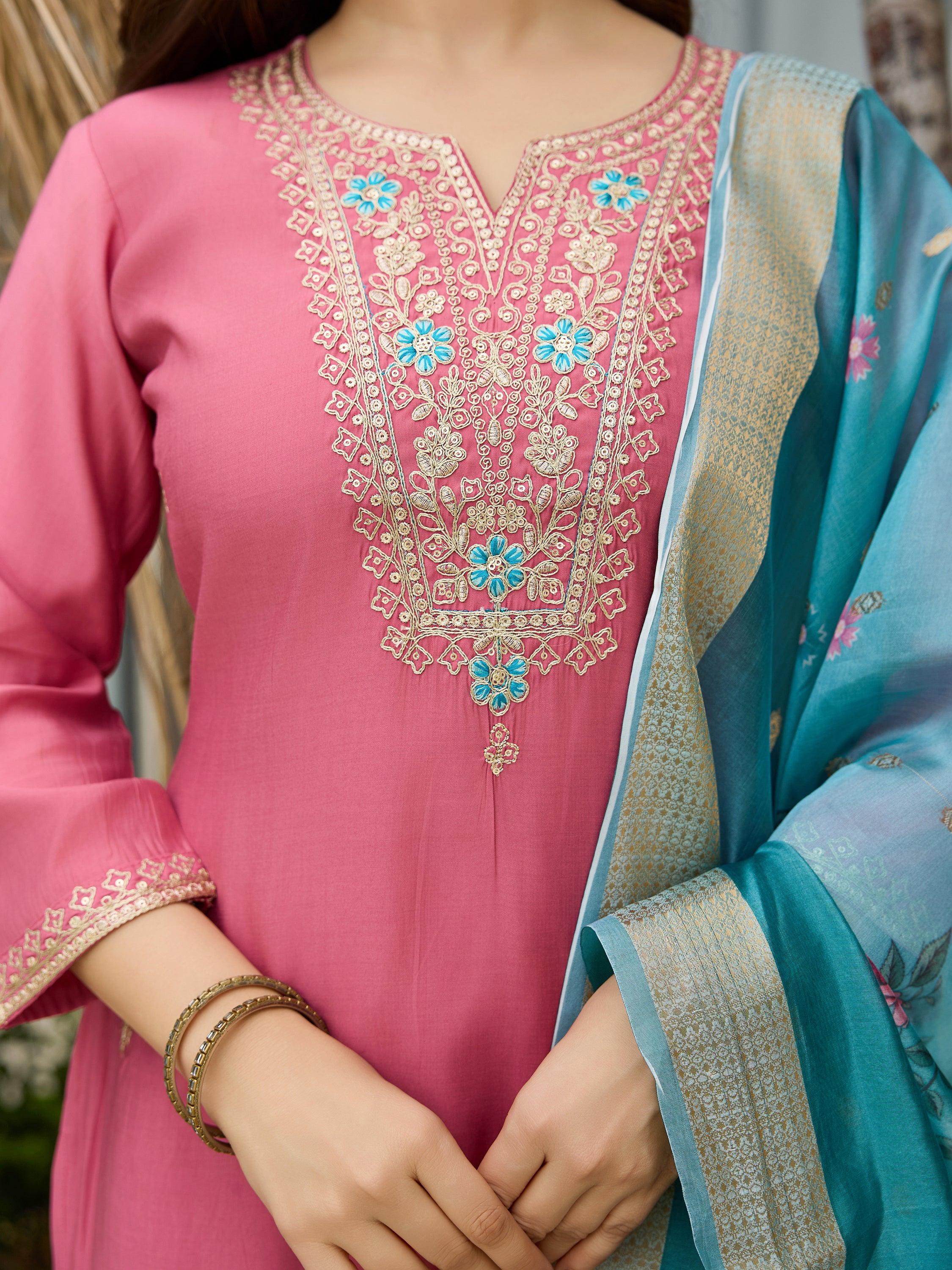 The52 Women Gorgeous Embroidery Work with Viscose Silk Fabric Straight Kurta, Pant and Dupatta Set