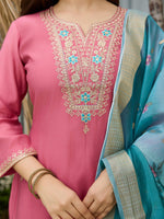 Thumbnail for The52 Women Gorgeous Embroidery Work with Viscose Silk Fabric Straight Kurta, Pant and Dupatta Set