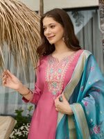 Thumbnail for The52 Women Gorgeous Embroidery Work with Viscose Silk Fabric Straight Kurta, Pant and Dupatta Set