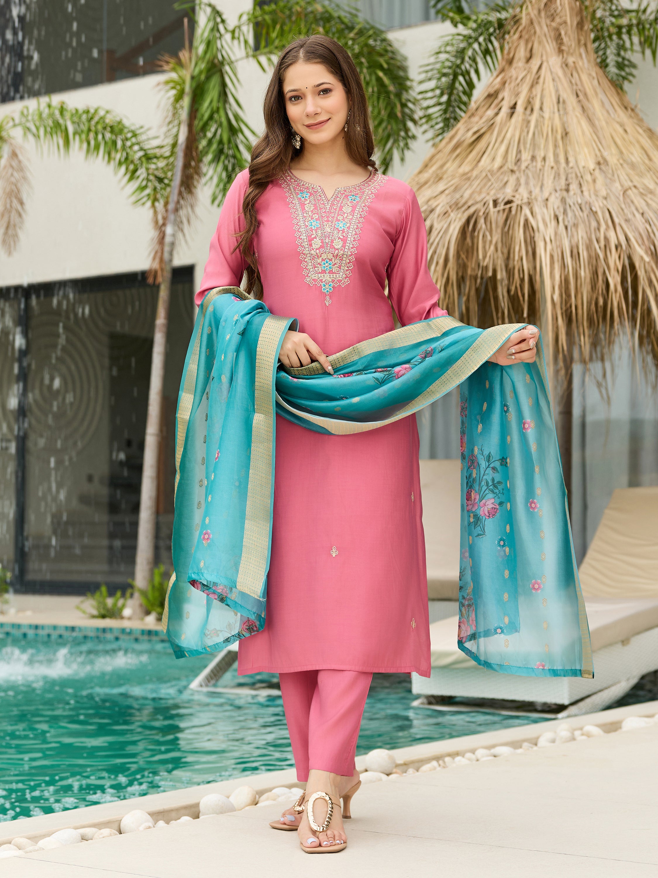 The52 Women Gorgeous Embroidery Work with Viscose Silk Fabric Straight Kurta, Pant and Dupatta Set