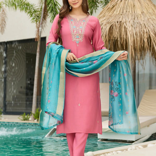 The52 Women Gorgeous Embroidery Work with Viscose Silk Fabric Straight Kurta, Pant and Dupatta Set