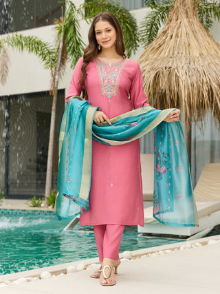 The52 Women Gorgeous Embroidery Work with Viscose Silk Fabric Straight Kurta, Pant and Dupatta Set