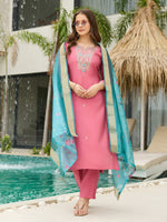 Thumbnail for The52 Women Gorgeous Embroidery Work with Viscose Silk Fabric Straight Kurta, Pant and Dupatta Set