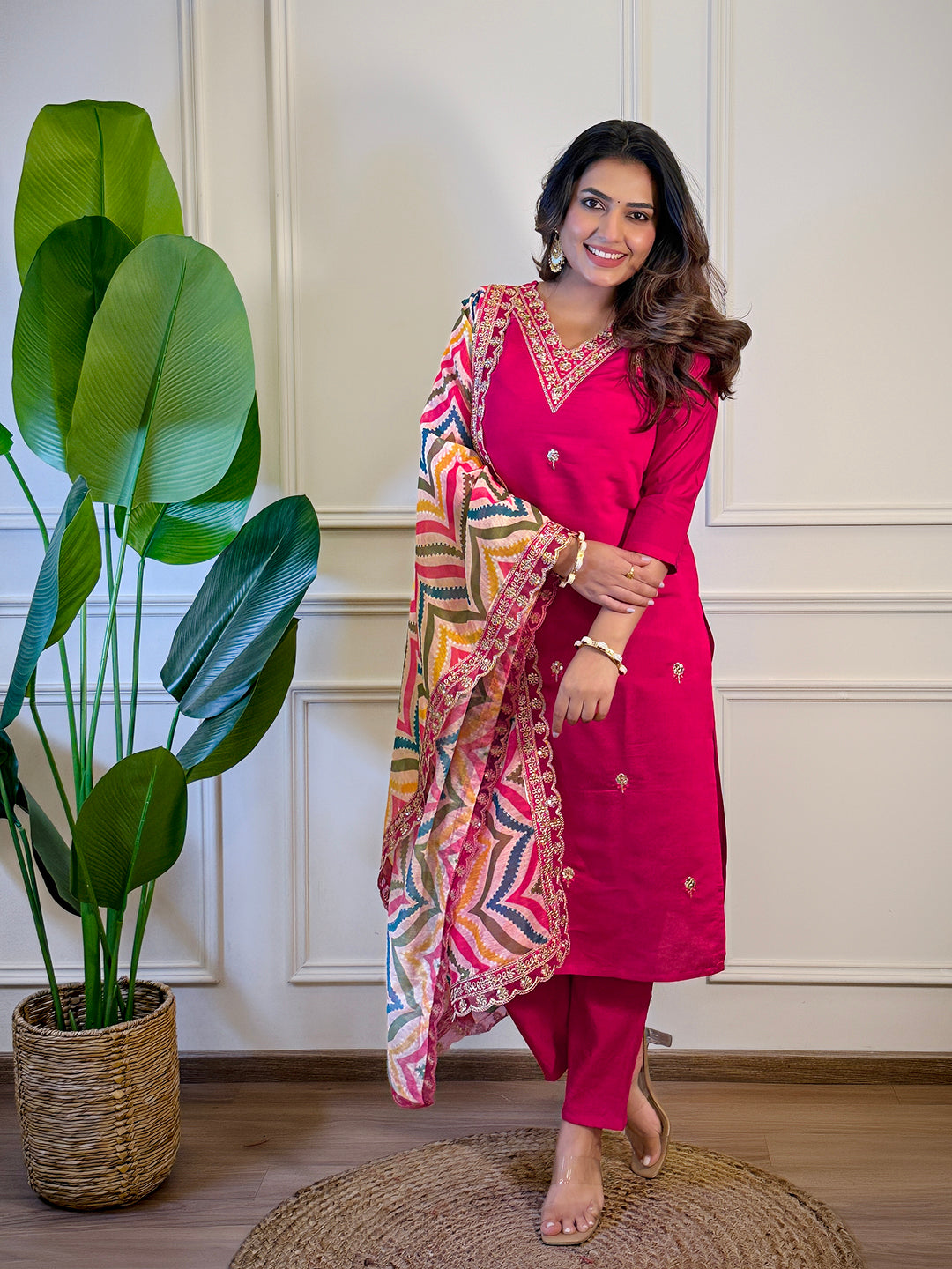 The52 Women's Gorgeous Viscose Embroidery Straight Kurta with Pant And Dupatta Set