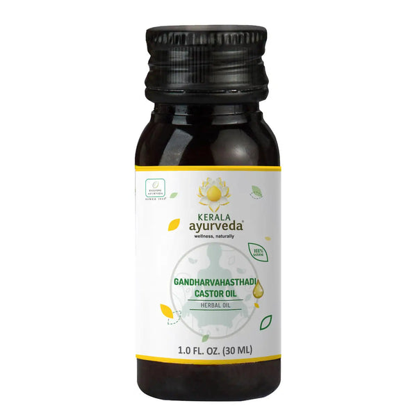 Front view of a small bottle of Kerala Ayurveda Gandharvahastadi Castor Oil, an ayurvedic oil for internal use.