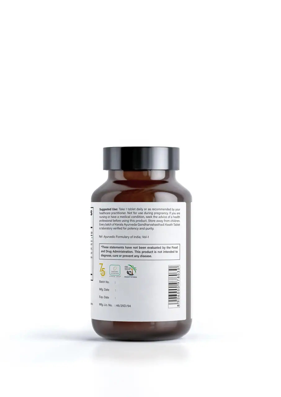 Back view of a bottle of gandharnahastadi kwath 90 tablets showing the ingredients and how to use.