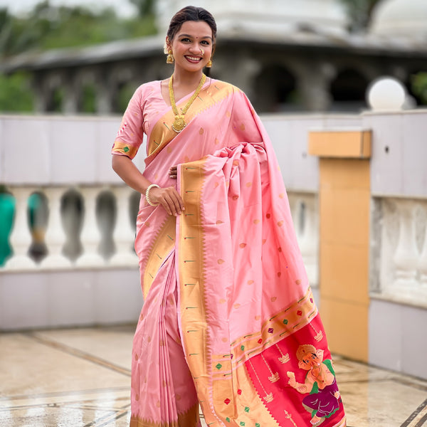 Vedant Vastram Soft Litchi Silk Paithani Jacquard Saree - Baby Pink - Dista
