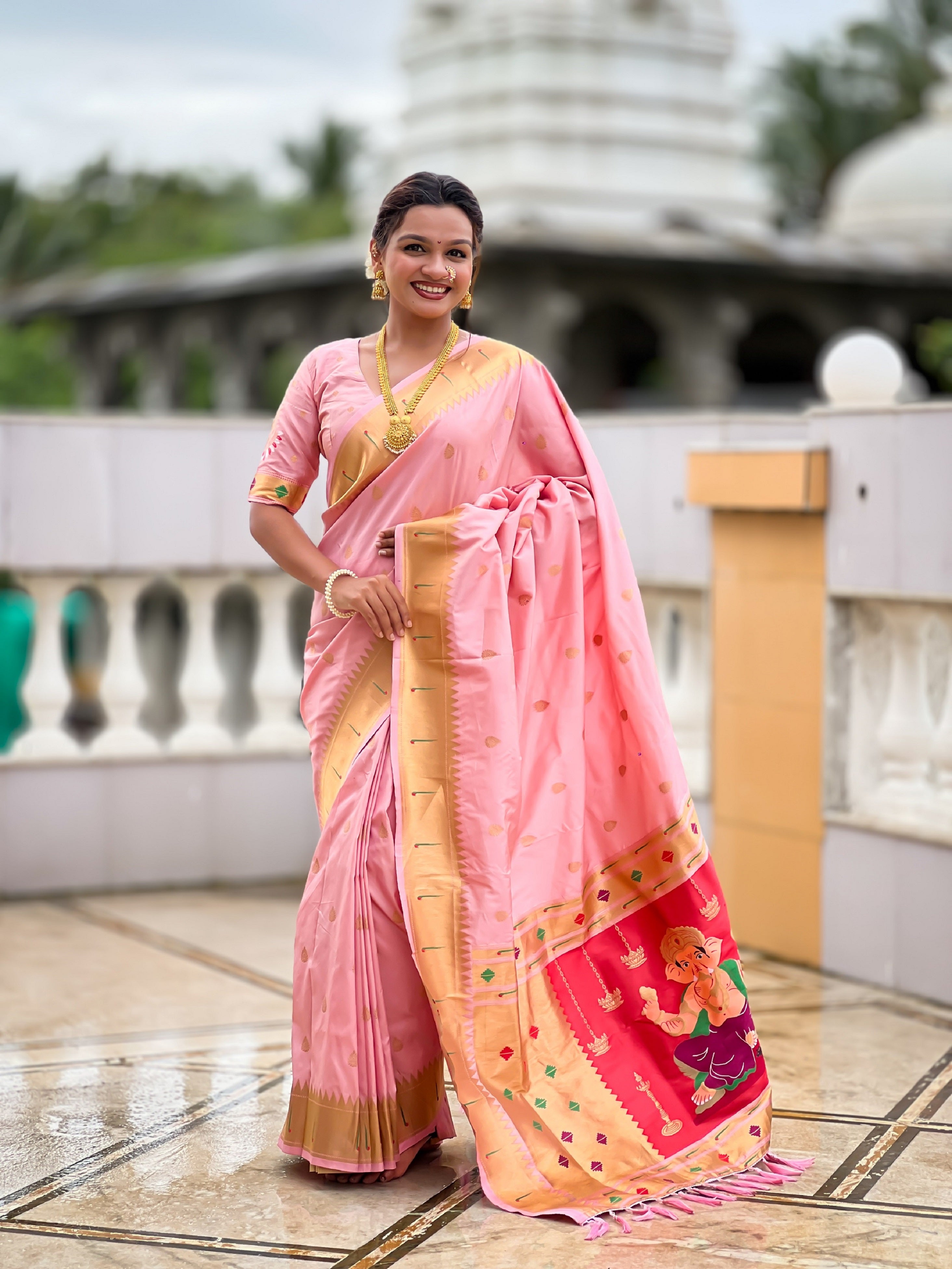 Vedant Vastram Soft Litchi Silk Paithani Jacquard Saree - Baby Pink - Dista