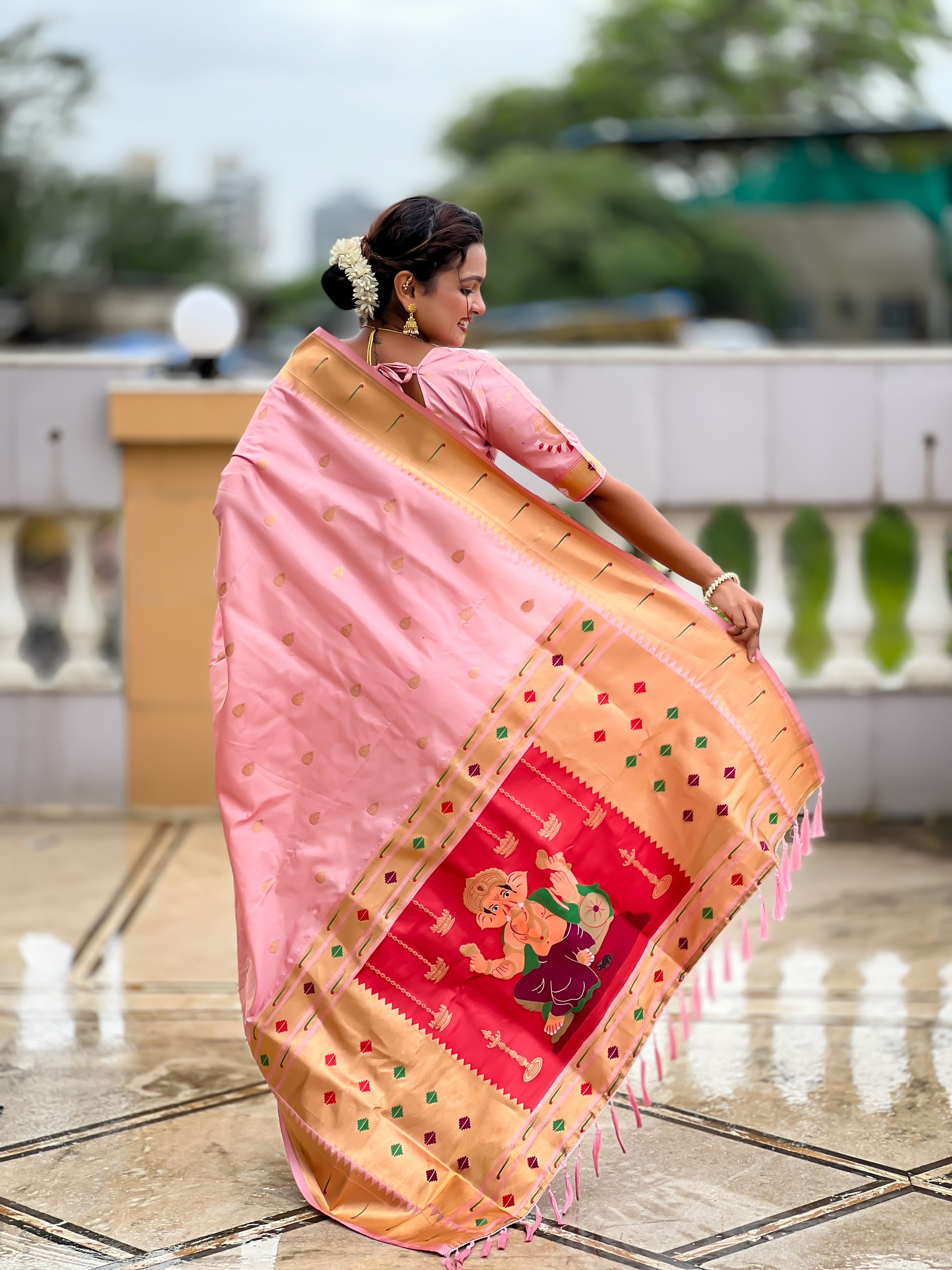 Vedant Vastram Soft Litchi Silk Paithani Jacquard Saree - Baby Pink - Dista