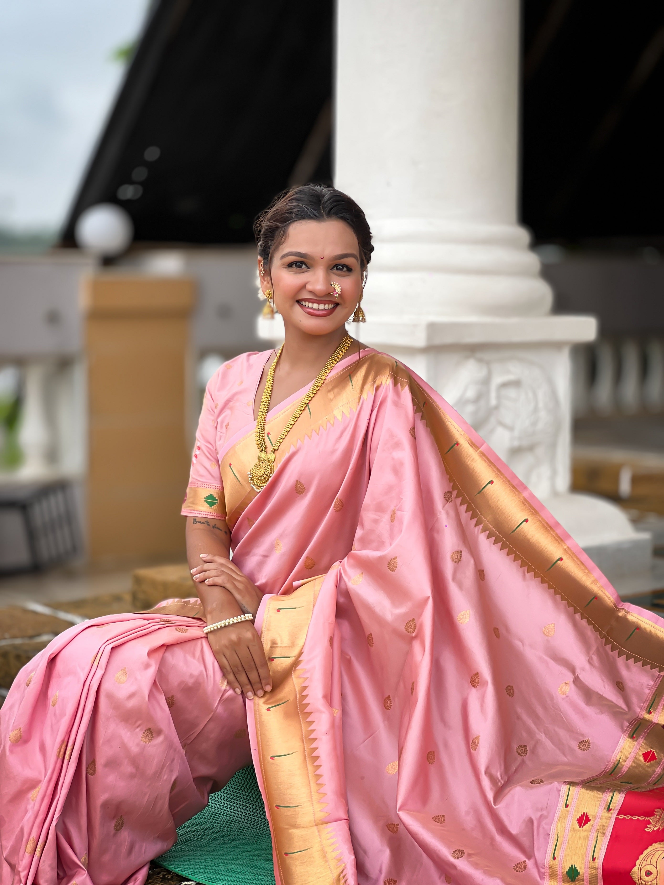 Vedant Vastram Soft Litchi Silk Paithani Jacquard Saree - Baby Pink - Dista