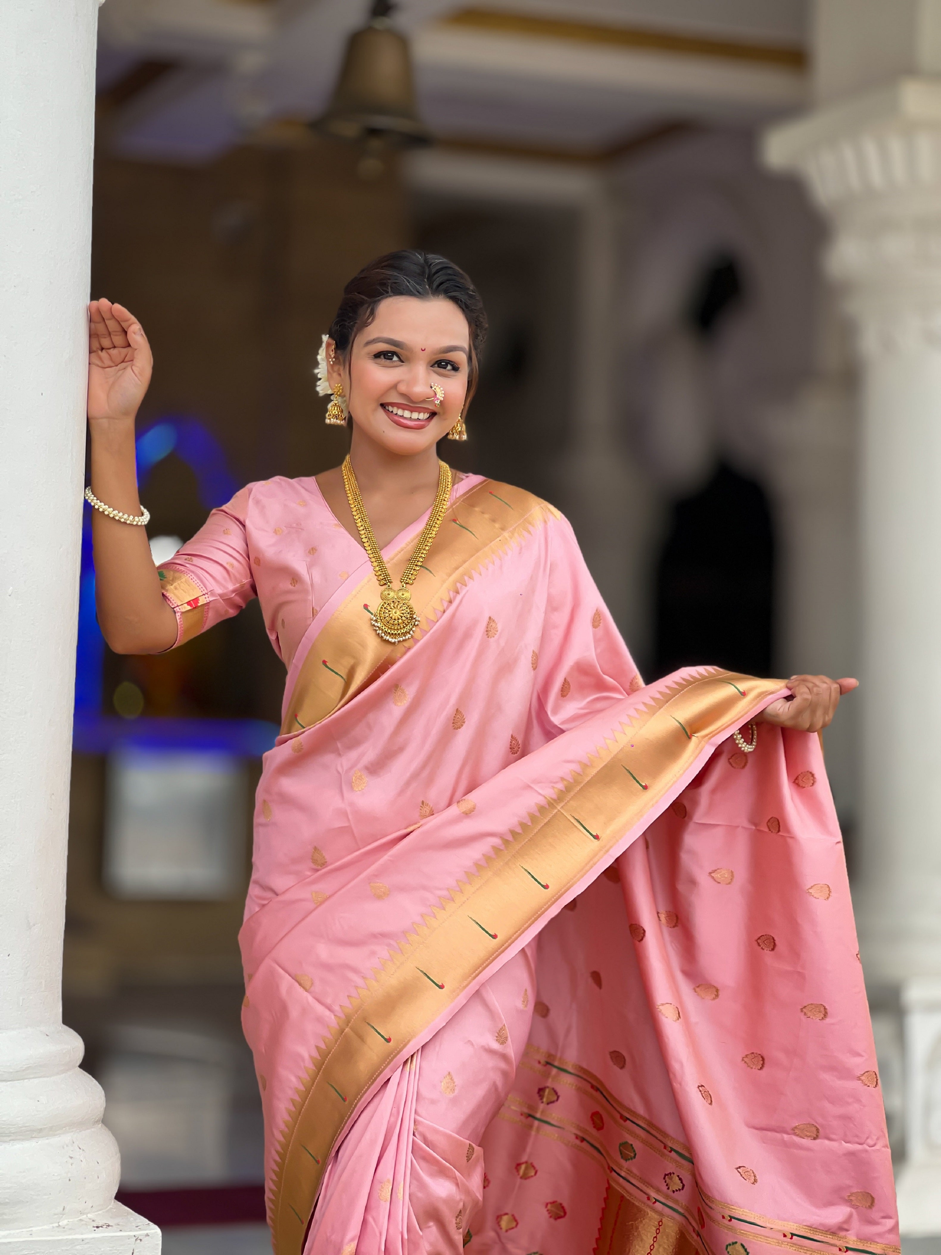 Vedant Vastram Soft Litchi Silk Paithani Jacquard Saree - Baby Pink - Dista