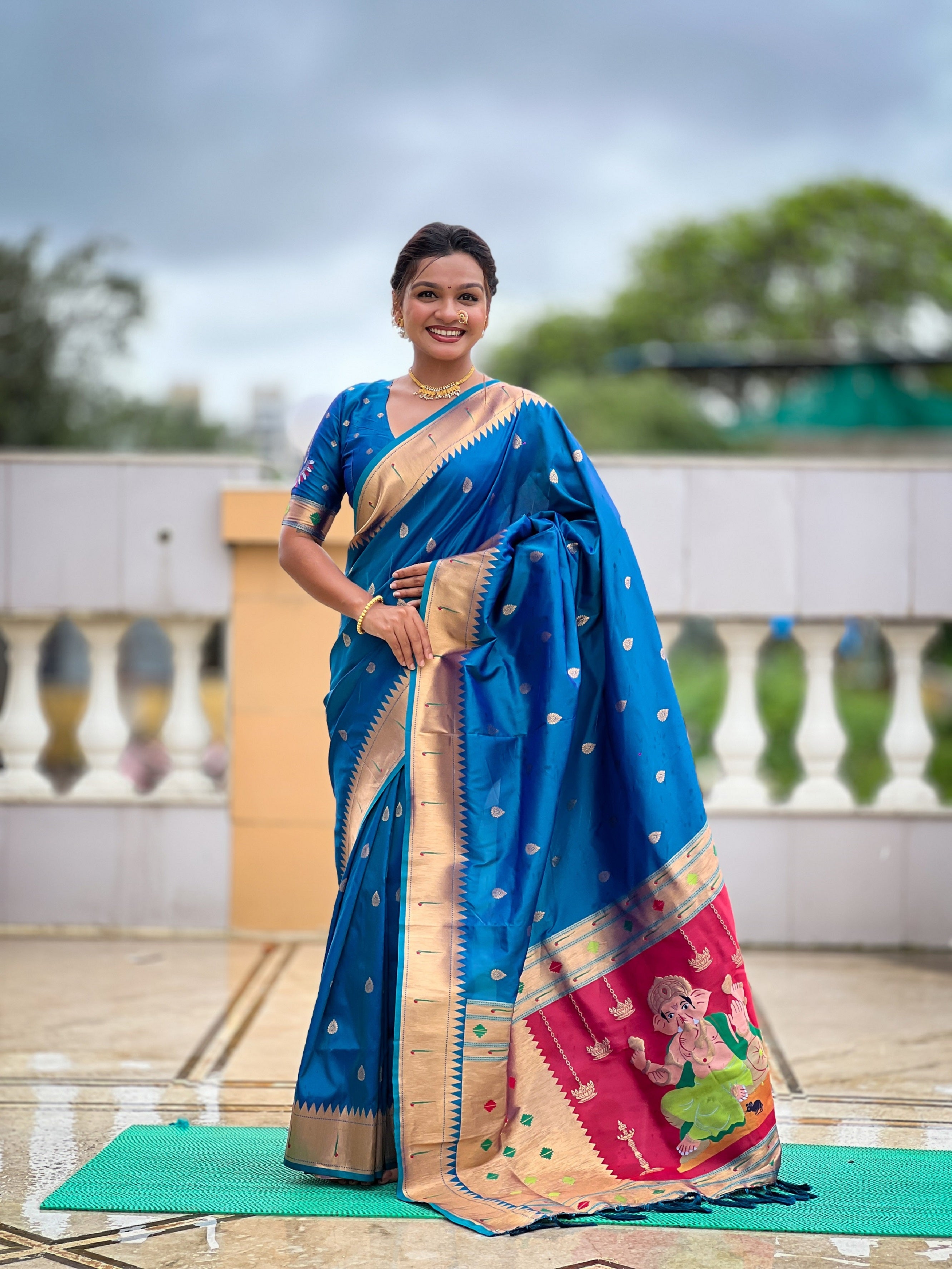 Vedant Vastram Soft Litchi Silk Paithani Jacquard Saree - Firozi - Dista