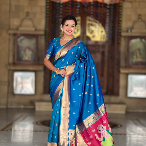 Vedant Vastram Soft Litchi Silk Paithani Jacquard Saree - Firozi - Dista