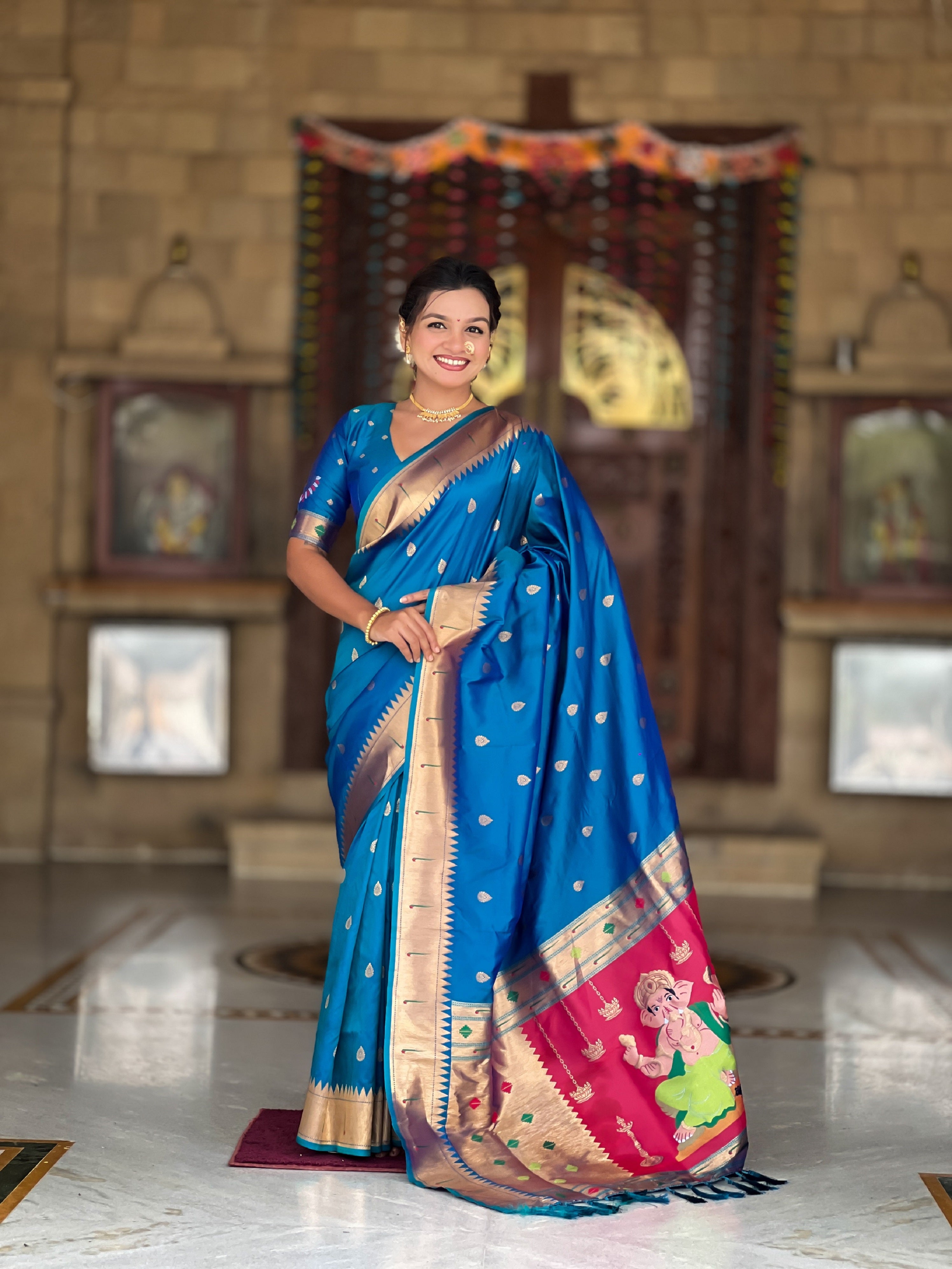Vedant Vastram Soft Litchi Silk Paithani Jacquard Saree - Firozi - Dista