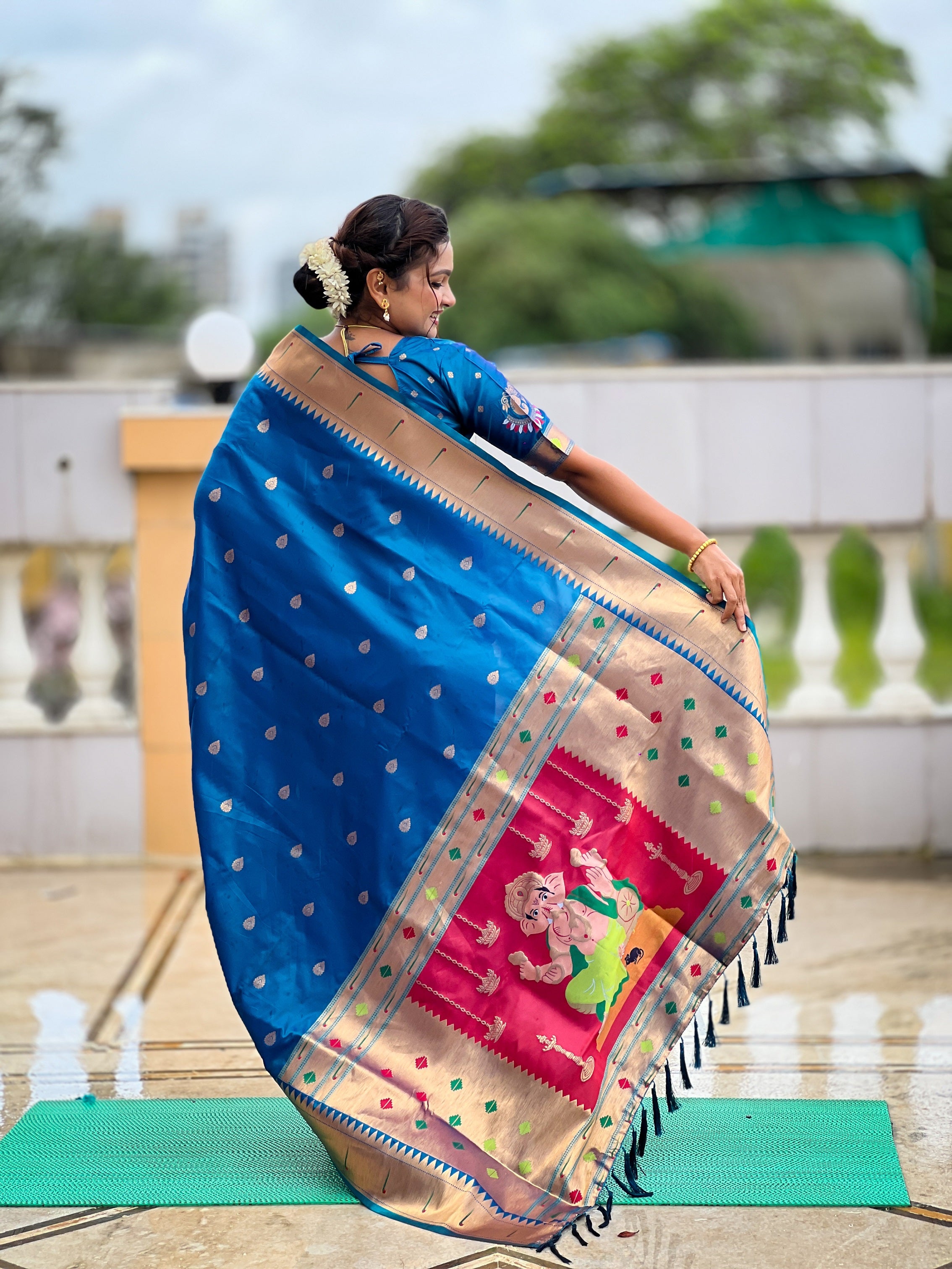 Vedant Vastram Soft Litchi Silk Paithani Jacquard Saree - Firozi - Dista