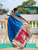 Thumbnail for Vedant Vastram Soft Litchi Silk Paithani Jacquard Saree - Firozi - Dista