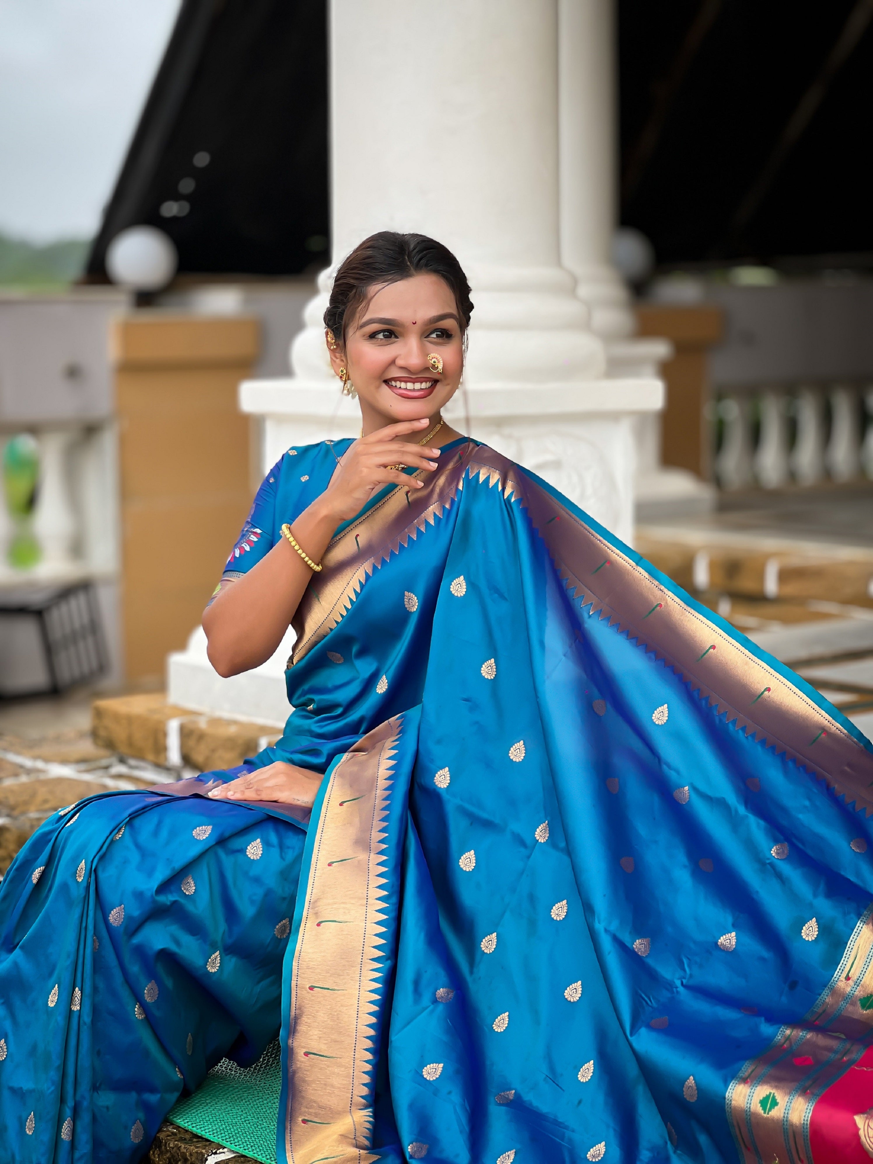 Vedant Vastram Soft Litchi Silk Paithani Jacquard Saree - Firozi - Dista