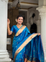 Thumbnail for Vedant Vastram Soft Litchi Silk Paithani Jacquard Saree - Firozi - Dista