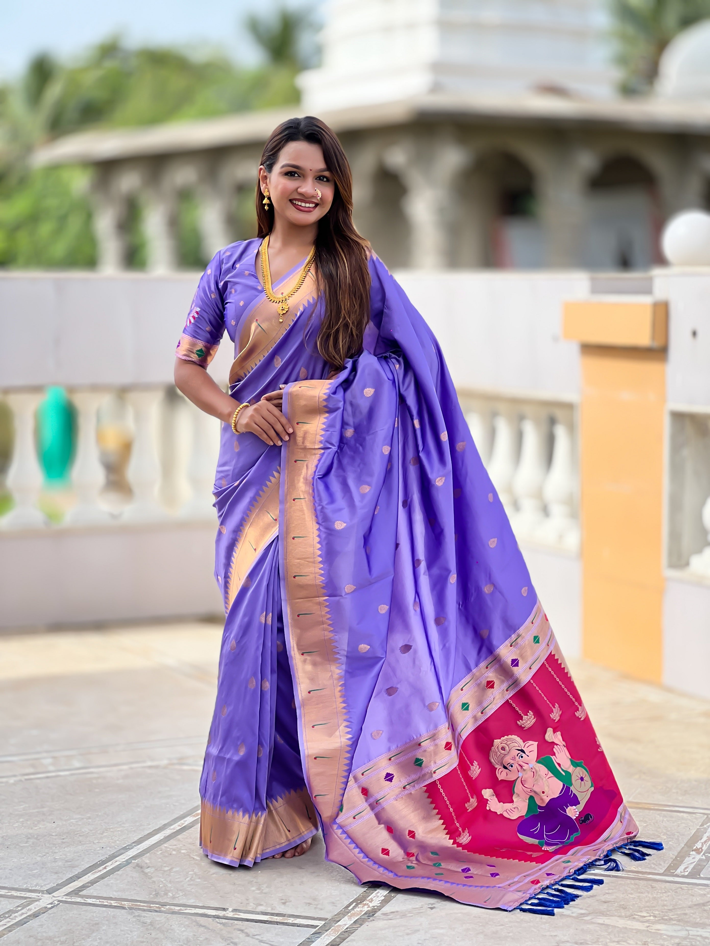 Vedant Vastram Soft Litchi Silk Paithani Jacquard Saree - Lavender - Dista