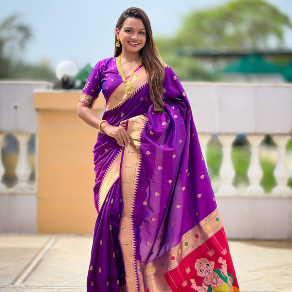 Vedant Vastram Soft Litchi Silk Paithani Jacquard Saree - Purple - Dista