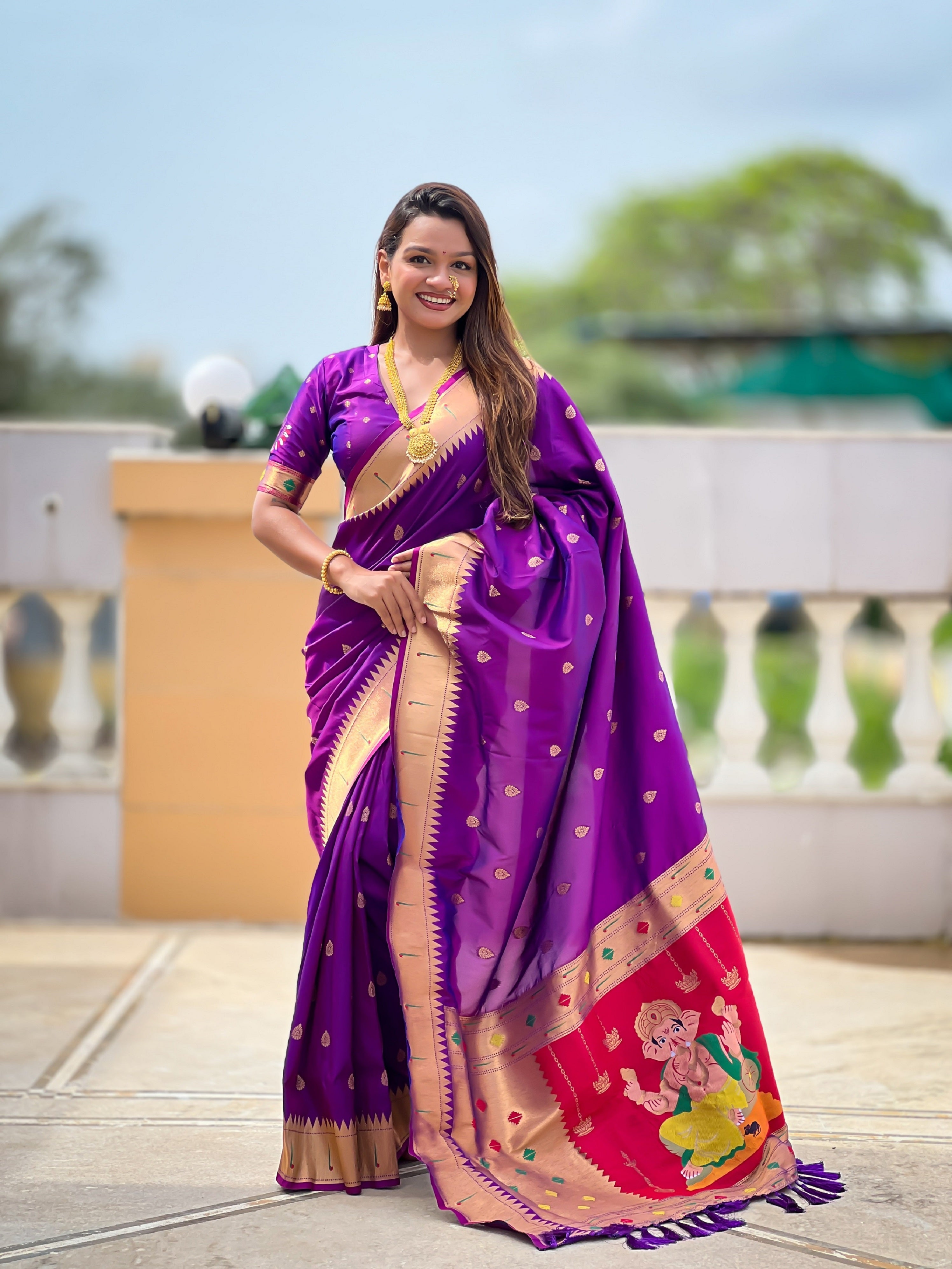 Vedant Vastram Soft Litchi Silk Paithani Jacquard Saree - Purple - Dista