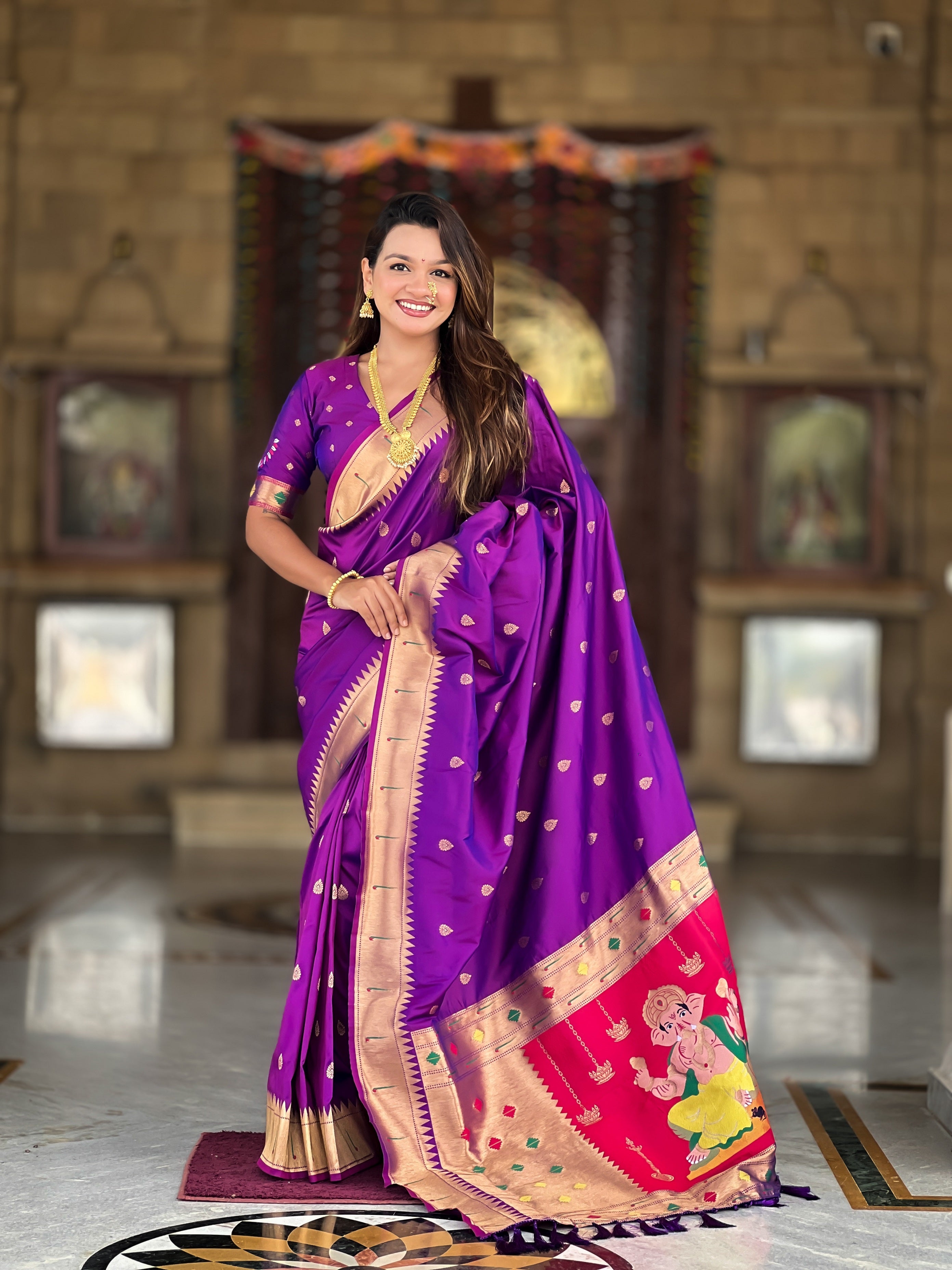 Vedant Vastram Soft Litchi Silk Paithani Jacquard Saree - Purple - Dista