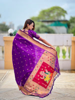 Thumbnail for Vedant Vastram Soft Litchi Silk Paithani Jacquard Saree - Purple - Dista