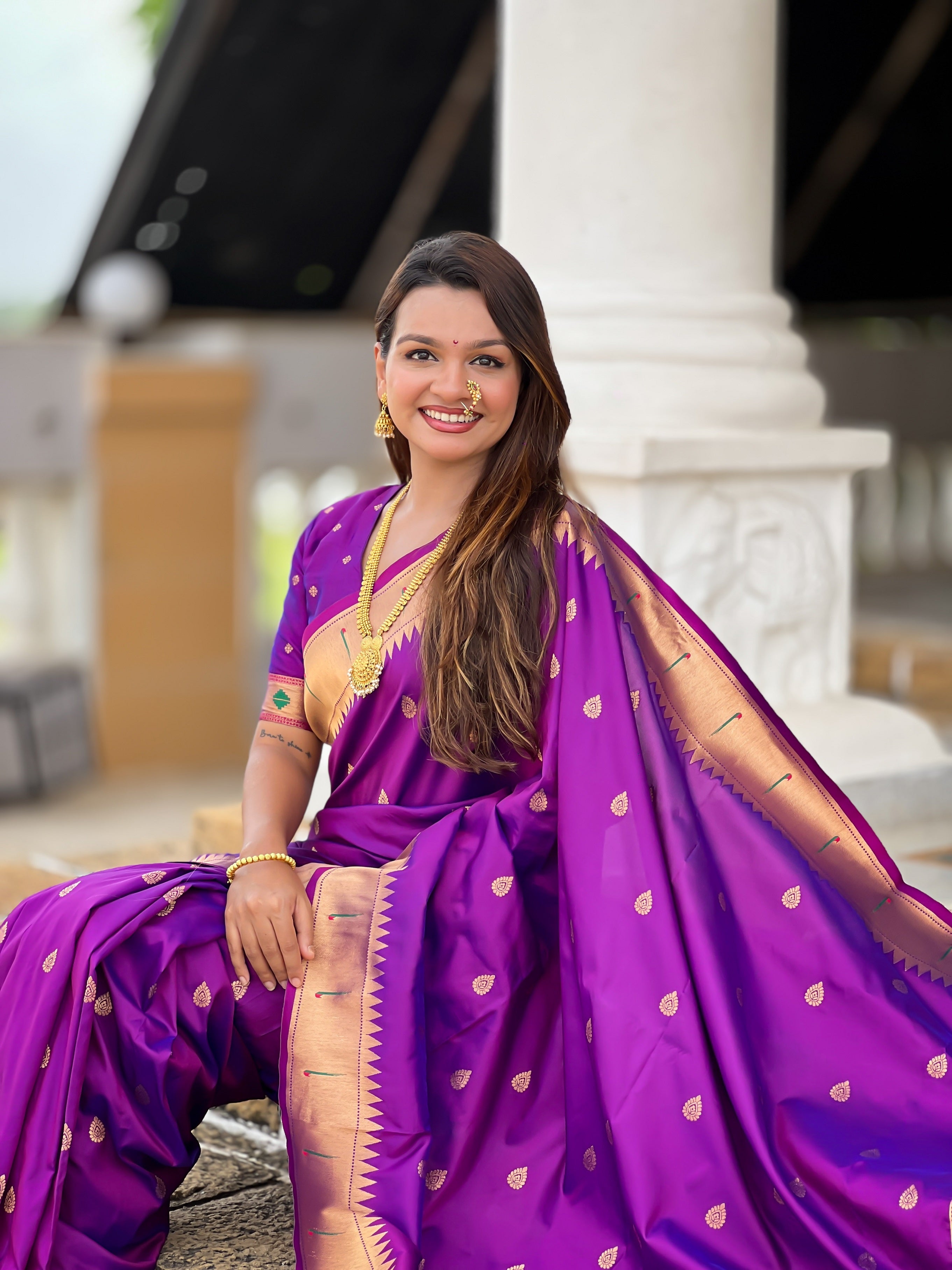 Vedant Vastram Soft Litchi Silk Paithani Jacquard Saree - Purple - Dista