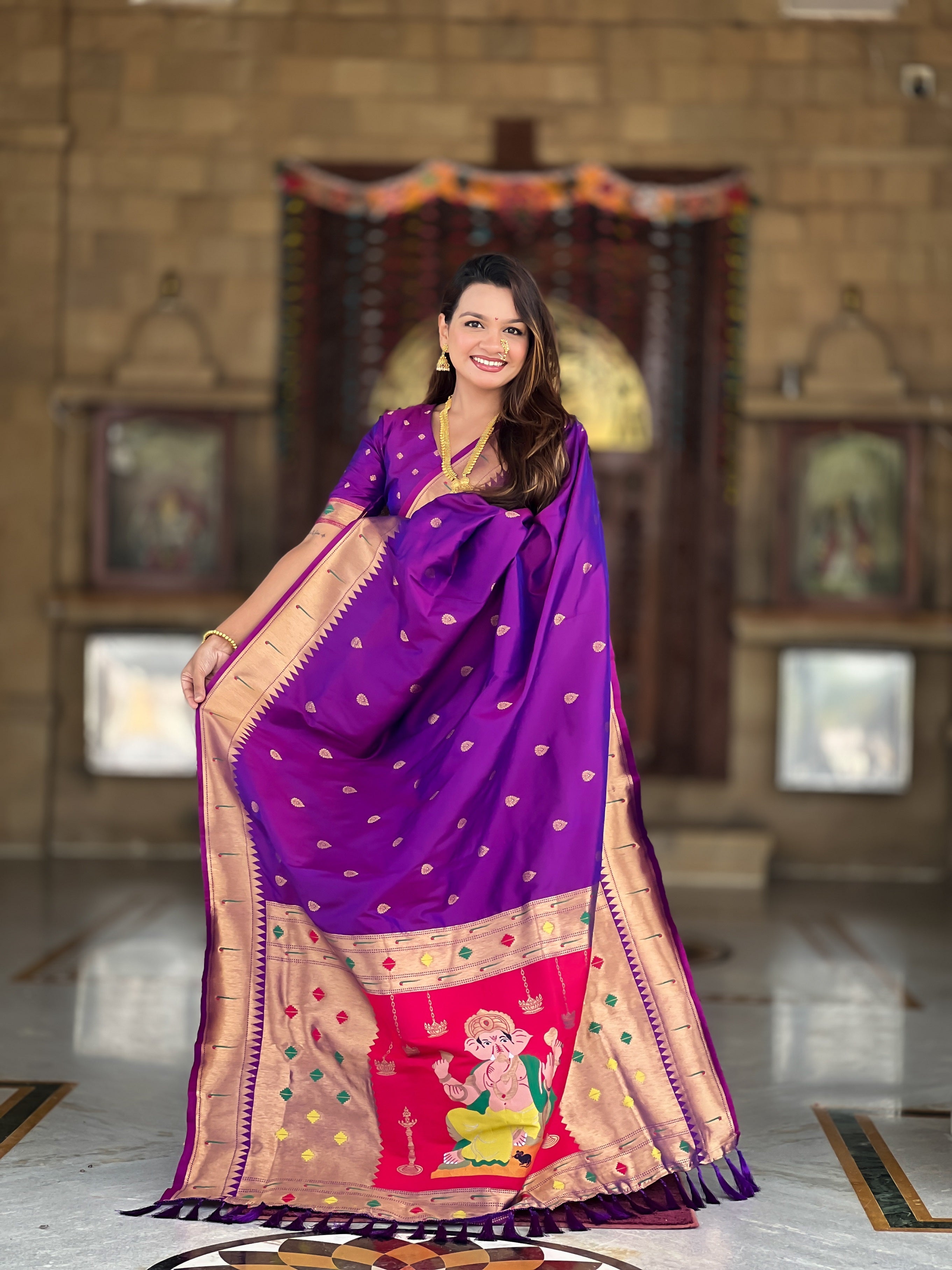 Vedant Vastram Soft Litchi Silk Paithani Jacquard Saree - Purple - Dista