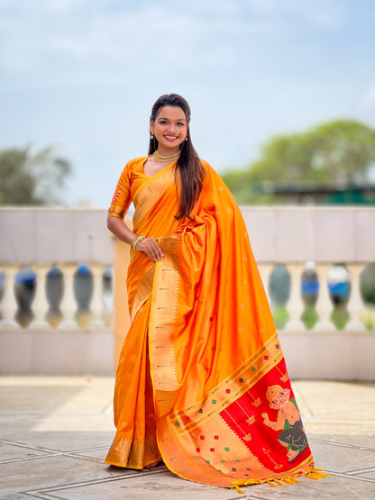 Vedant Vastram Soft Litchi Silk Paithani Jacquard Saree - Mustard - Dista