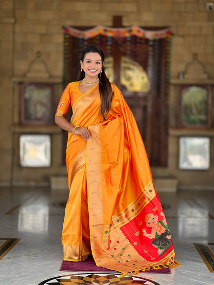 Vedant Vastram Soft Litchi Silk Paithani Jacquard Saree - Mustard - Dista