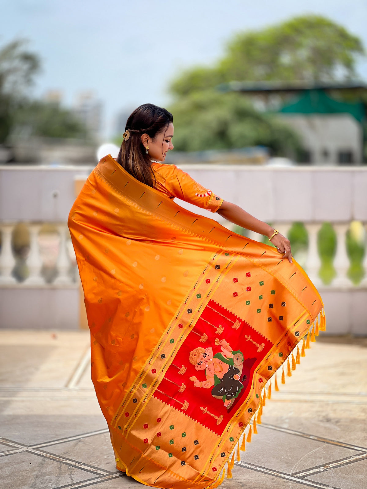 Vedant Vastram Soft Litchi Silk Paithani Jacquard Saree - Mustard - Dista