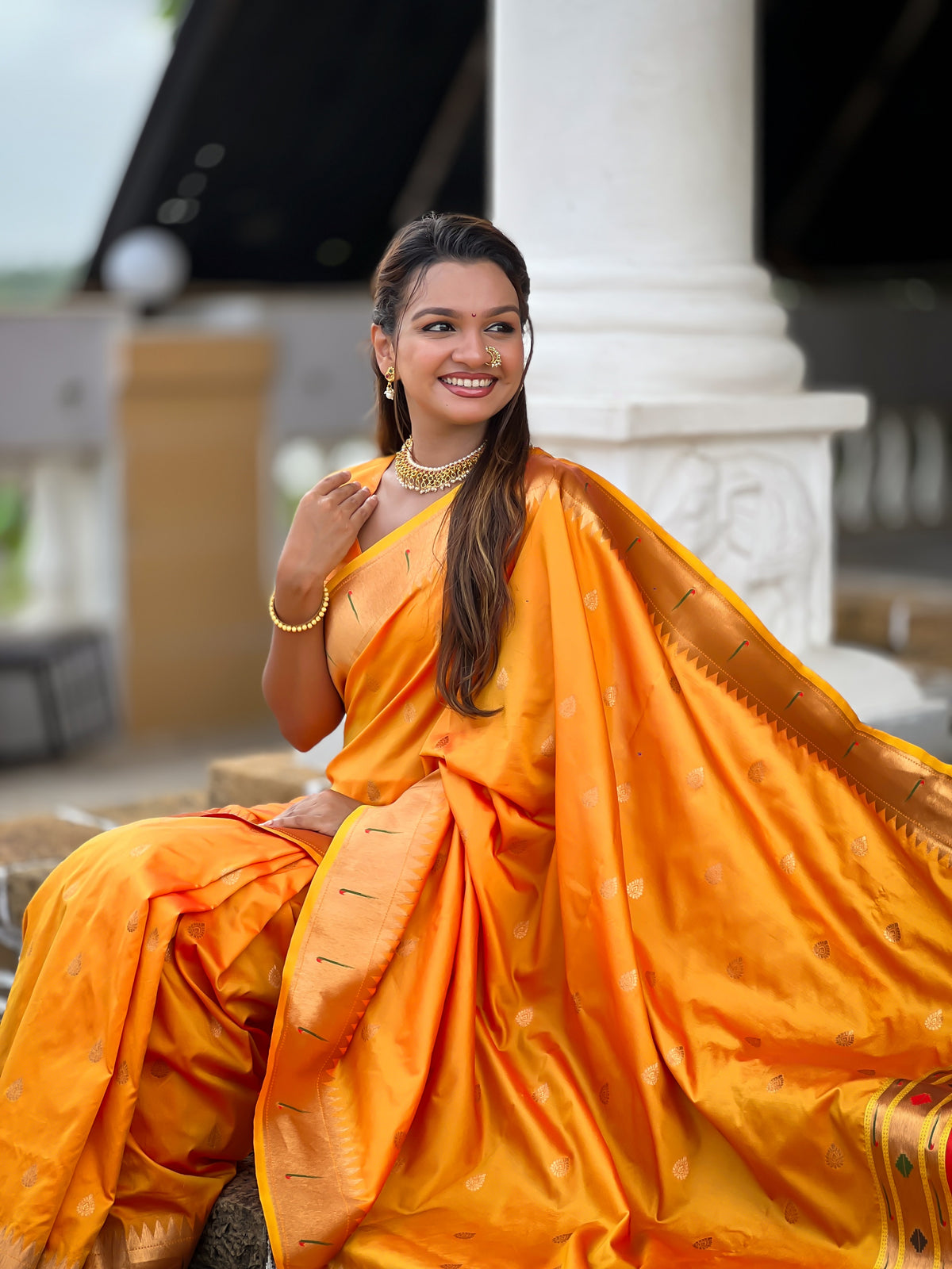 Vedant Vastram Soft Litchi Silk Paithani Jacquard Saree - Mustard - Dista