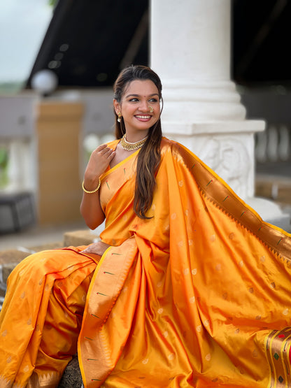 Vedant Vastram Soft Litchi Silk Paithani Jacquard Saree - Mustard - Dista