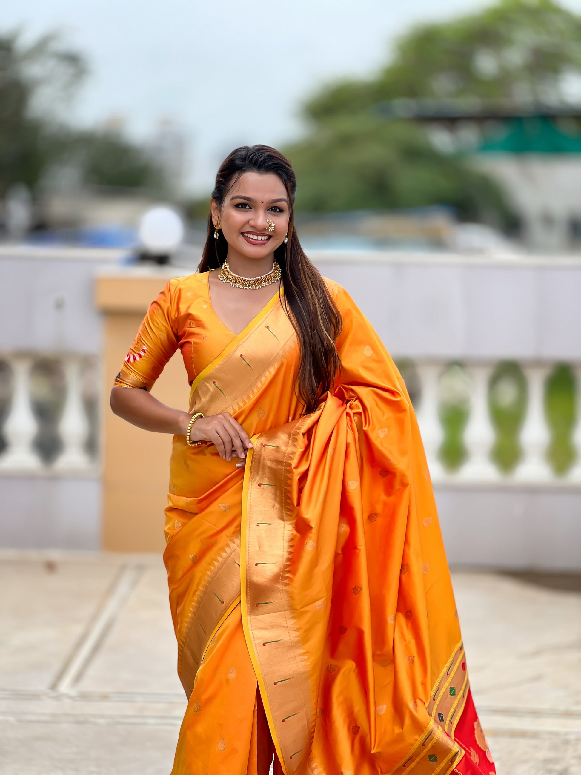 Vedant Vastram Soft Litchi Silk Paithani Jacquard Saree - Mustard - Dista