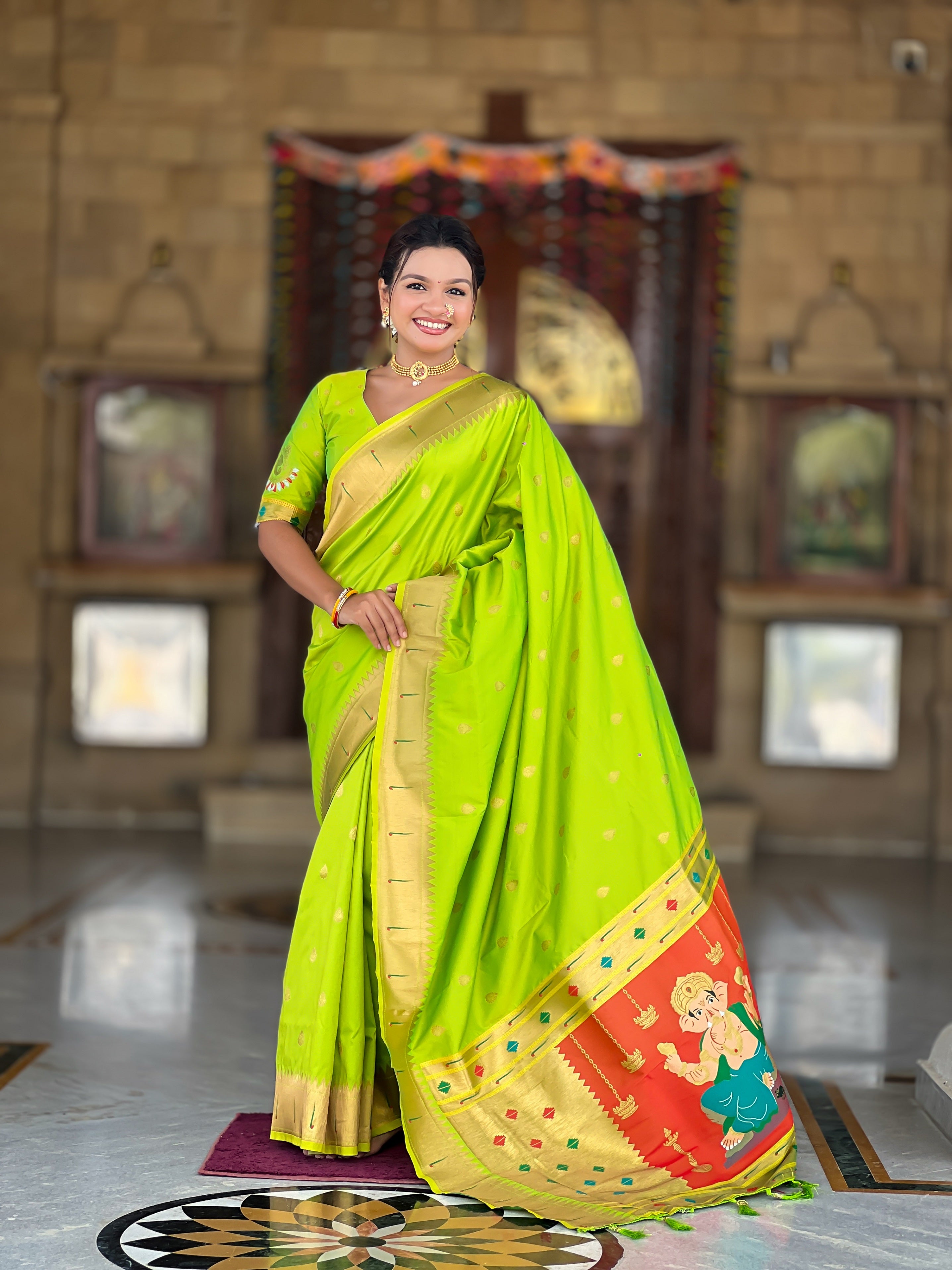 Vedant Vastram Soft Litchi Silk Paithani Jacquard Saree - Parrot - Dista
