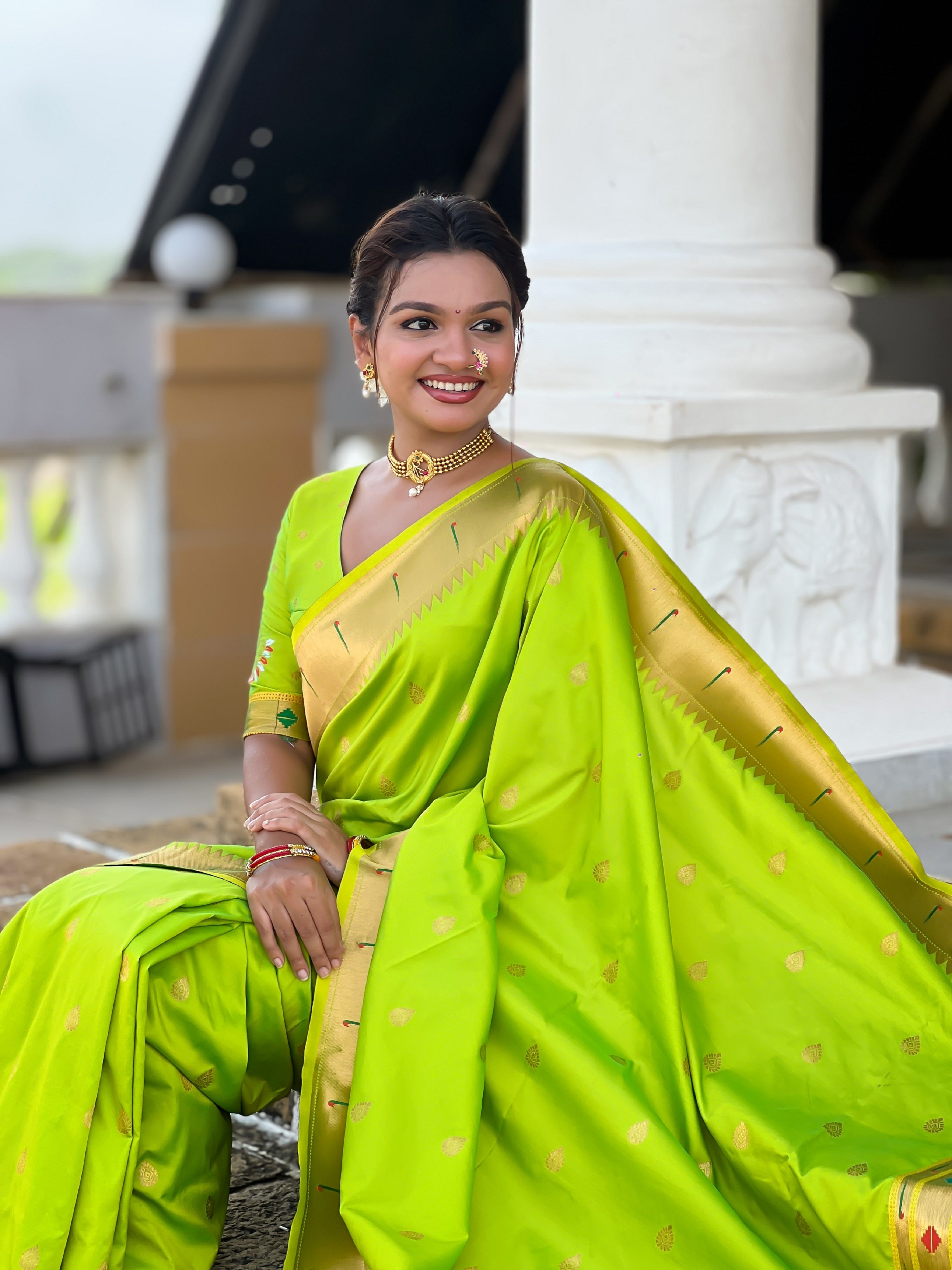 Vedant Vastram Soft Litchi Silk Paithani Jacquard Saree - Parrot - Dista