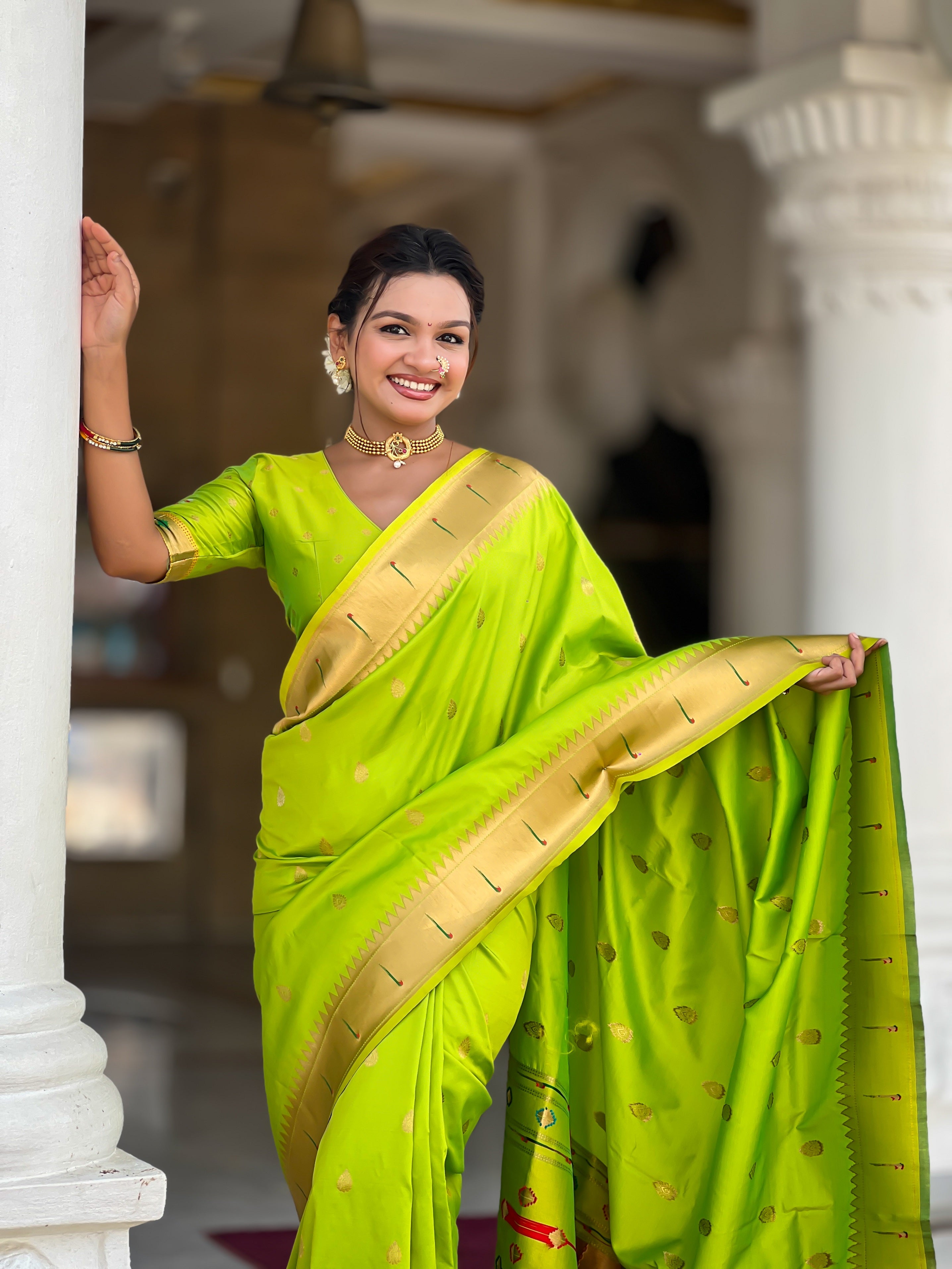 Vedant Vastram Soft Litchi Silk Paithani Jacquard Saree - Parrot - Dista