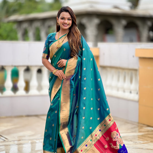 Vedant Vastram Soft Litchi Silk Paithani Jacquard Saree - Rama - Dista