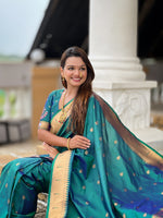 Thumbnail for Vedant Vastram Soft Litchi Silk Paithani Jacquard Saree - Rama - Dista