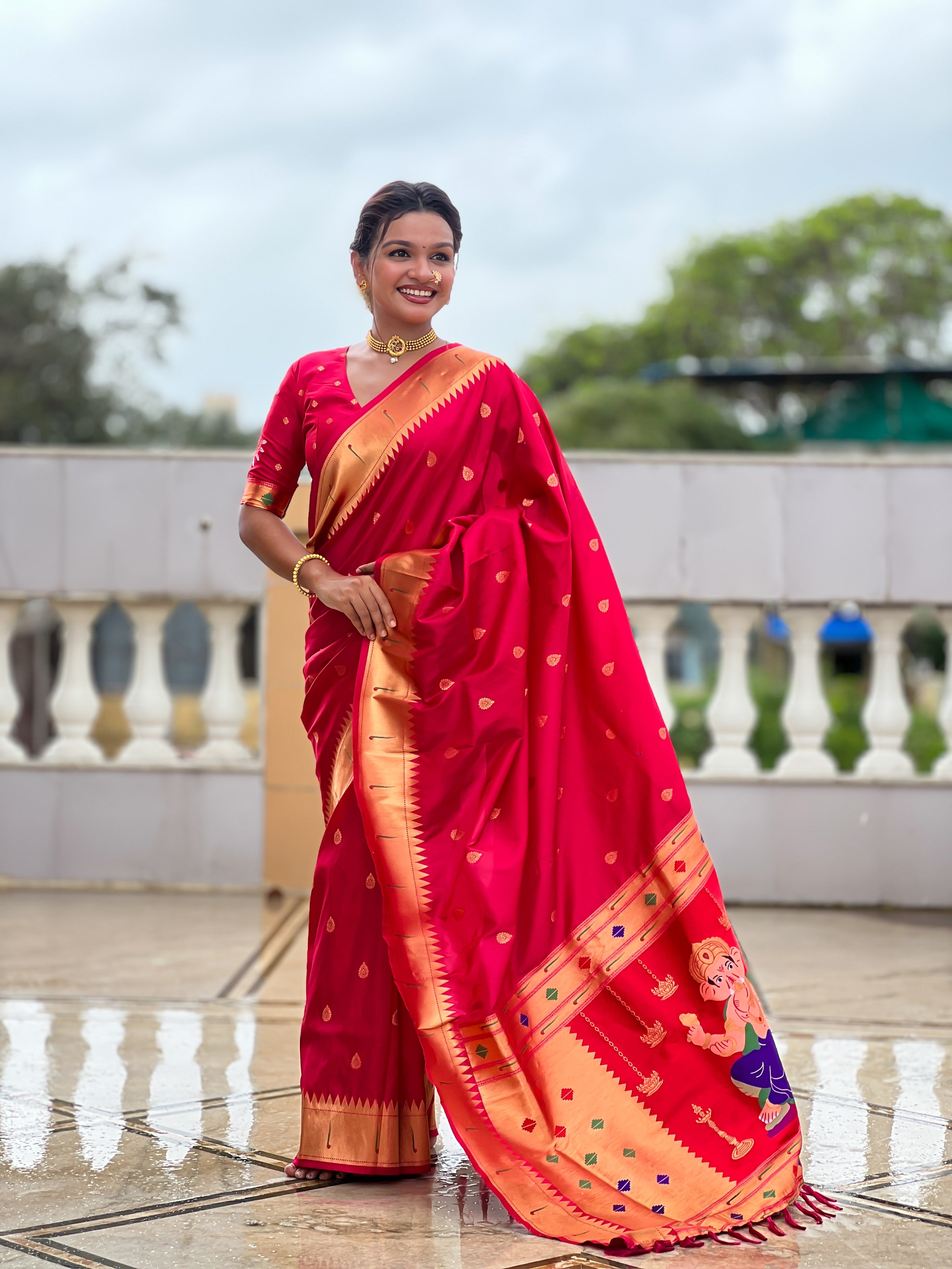 Vedant Vastram Soft Litchi Silk Paithani Jacquard Saree - Pink - Dista