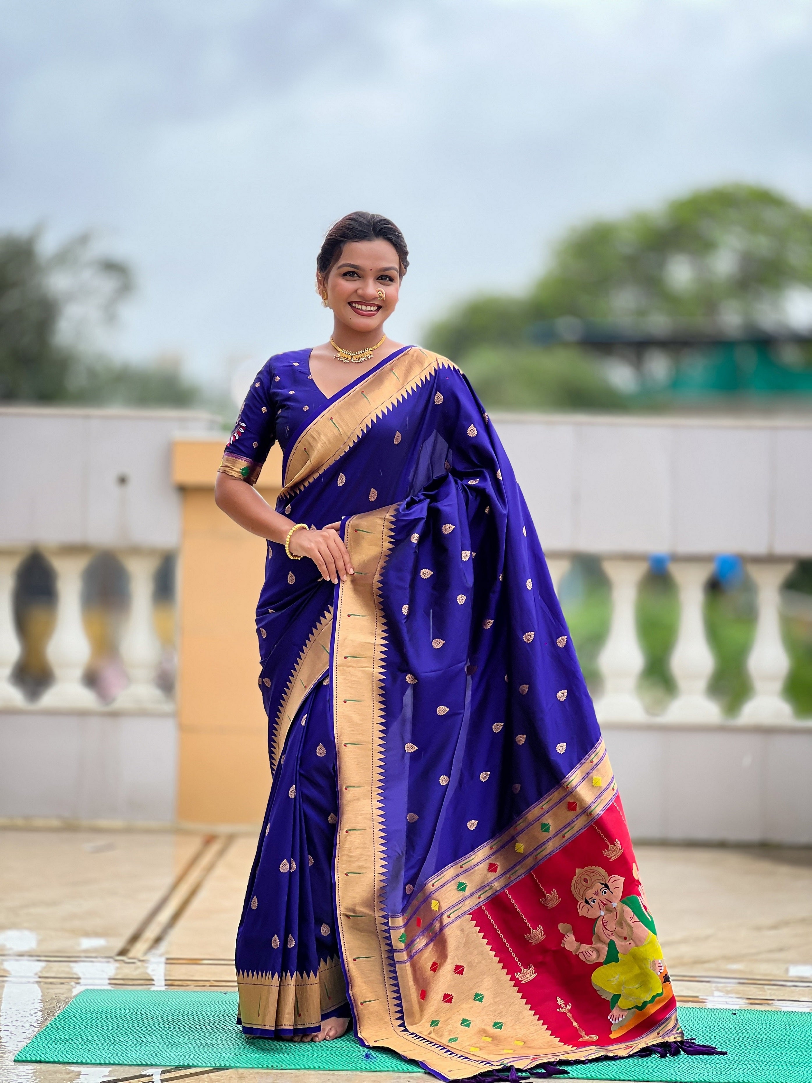 Vedant Vastram Soft Litchi Silk Paithani Jacquard Saree - Blue - Dista
