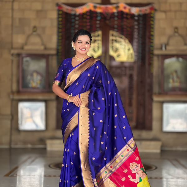 Vedant Vastram Soft Litchi Silk Paithani Jacquard Saree - Blue - Dista