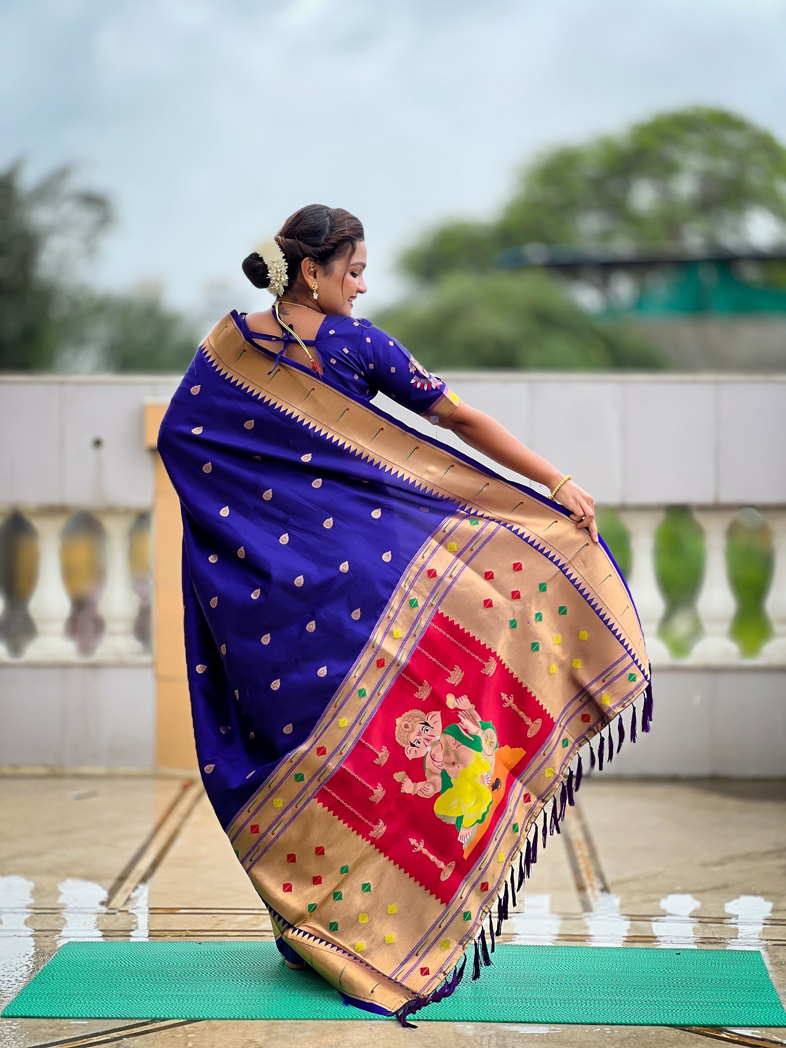 Vedant Vastram Soft Litchi Silk Paithani Jacquard Saree - Blue - Dista