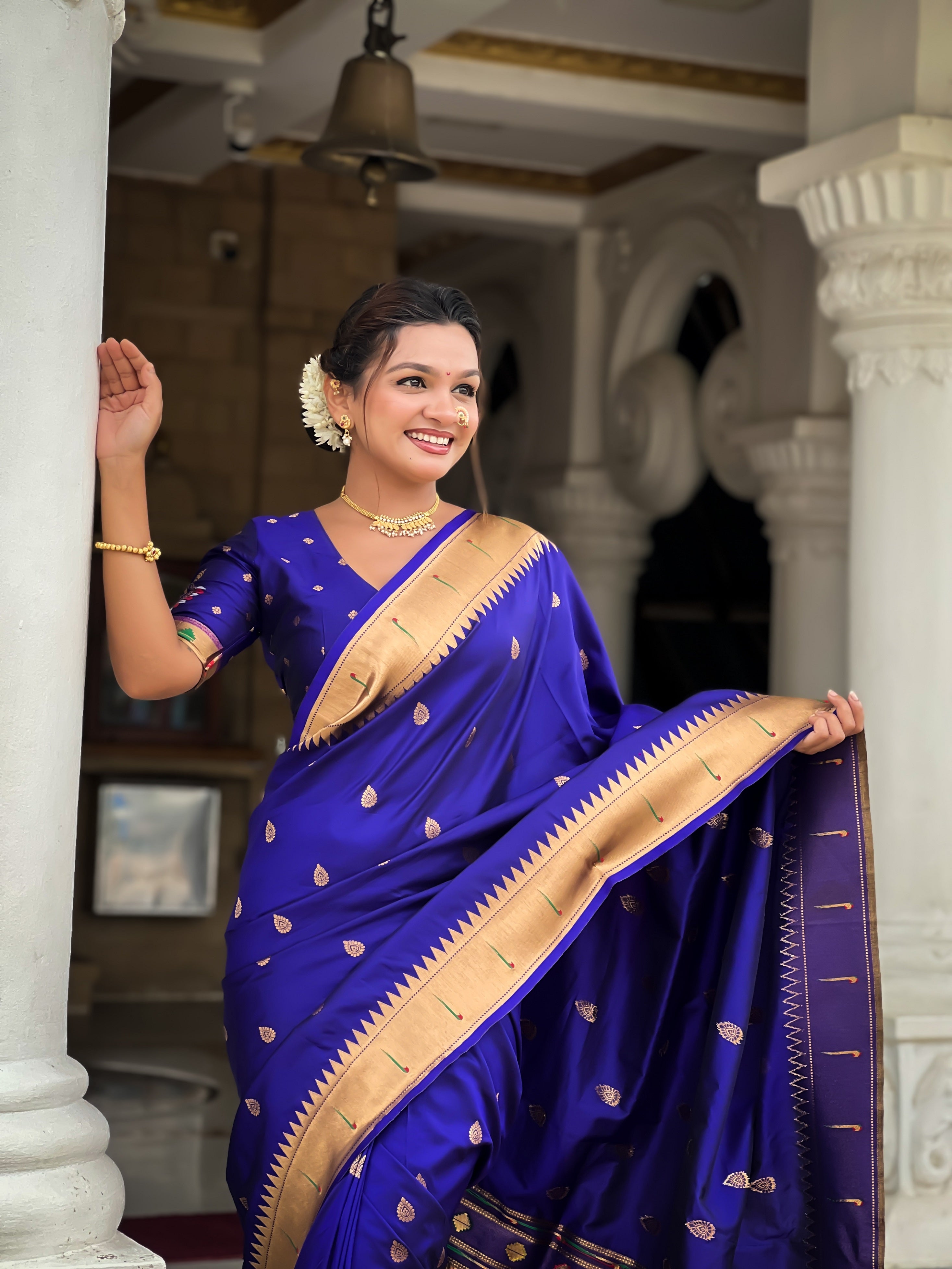 Vedant Vastram Soft Litchi Silk Paithani Jacquard Saree - Blue - Dista
