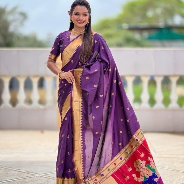 Vedant Vastram Soft Litchi Silk Paithani Jacquard Saree - Wine - Dista